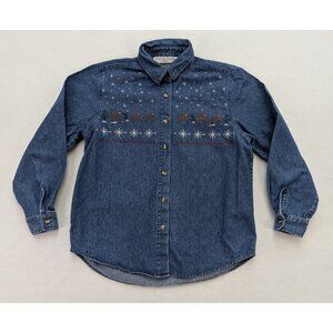 Victoria Jones Women's Top Size PM Christmas Reindeer Embroidered Denim